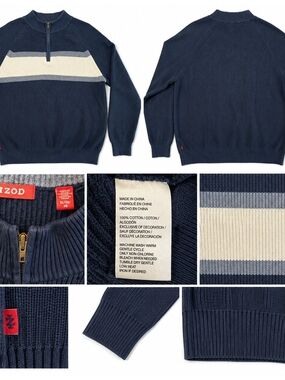Izod Men's Navy Half-Zip Sweater with Cream and Light Gray Stripes